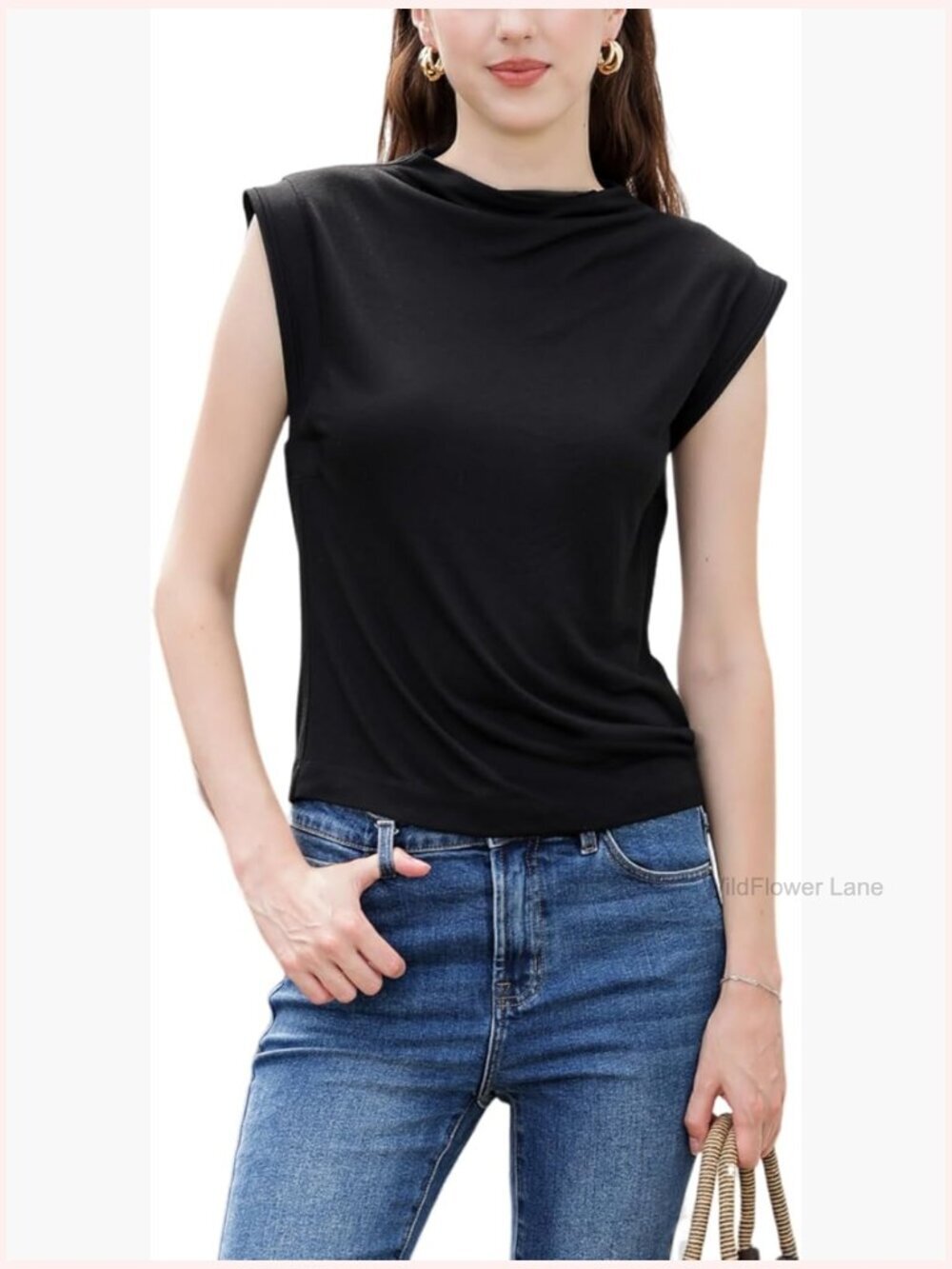 Silk Blend Sleeveless Cami High Neck Ribbed Tank Top Summer Blouse